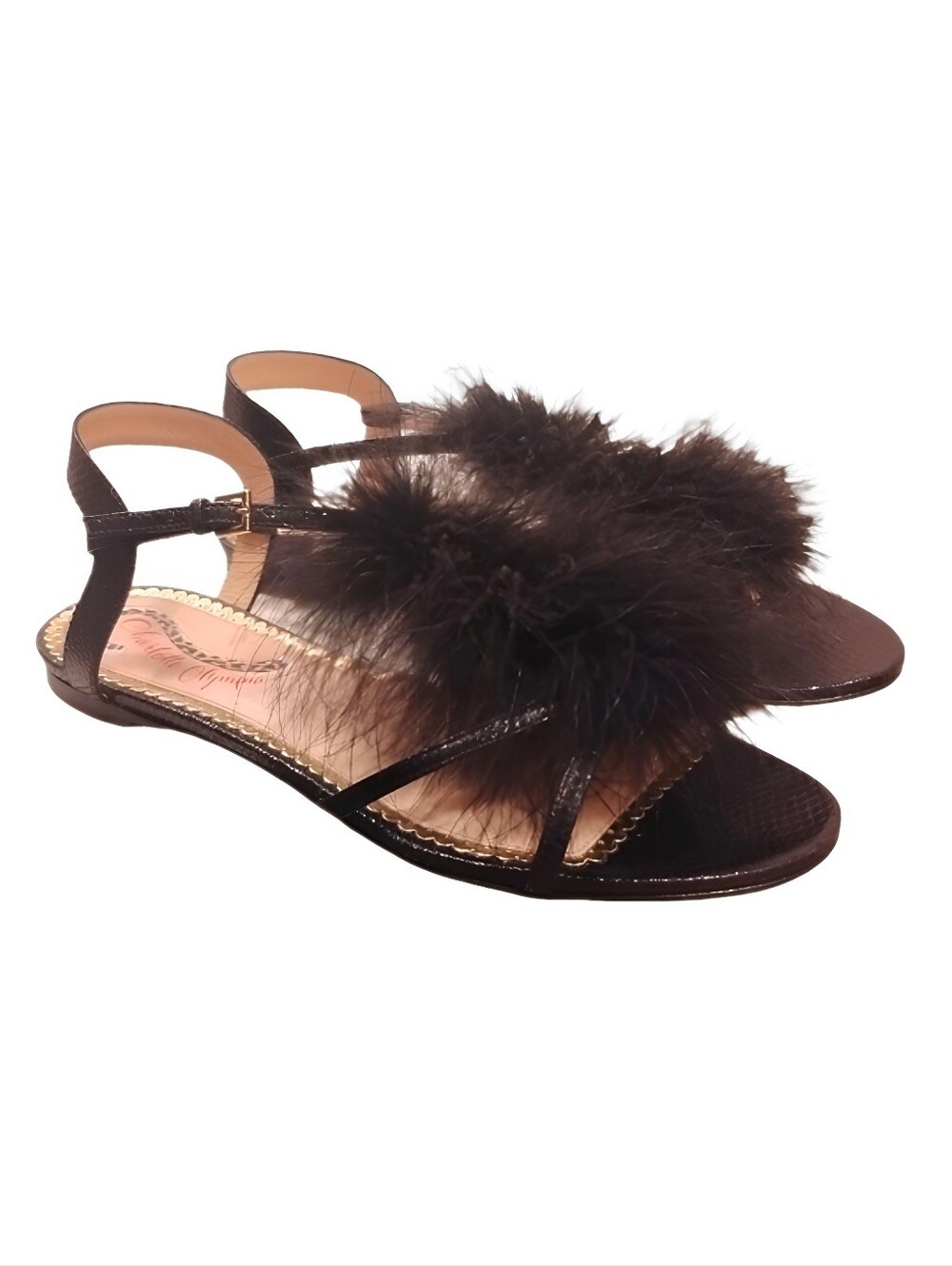 CHARLOTTE OLYMPIA | Fifi Black Leather Feather-Trimmed Sandals in Size US 6